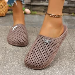 Summer Women Hollow Out Breathable Clog Mules Bow Decor Non-Slip Soft Sole Home Garden Beach Daily Casual Walking Shoes