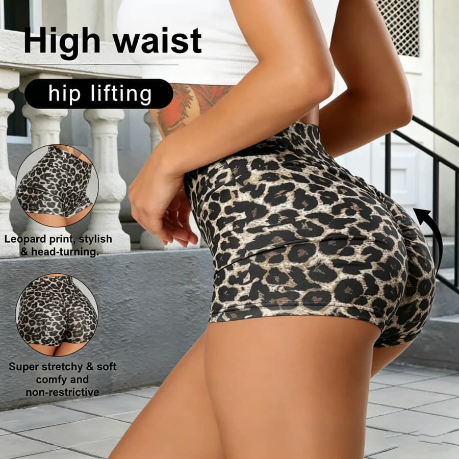 Women's High Waist Stretch Leggings Leopard Yoga Shorts Tummy Slimming Booty Lift Quick Drying Breathable for Running Workout
