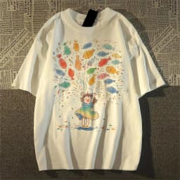 Men/Women Cute Cartoon Girl Fish Print Oversized T-Shirt Casual Short Sleeve Summer Tee