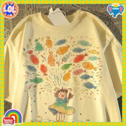 Men/Women Cute Cartoon Girl Fish Print Oversized T-Shirt Casual Short Sleeve Summer Tee