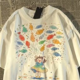 Men/Women Cute Cartoon Girl Fish Print Oversized T-Shirt Casual Short Sleeve Summer Tee