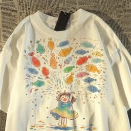 Men/Women Cute Cartoon Girl Fish Print Oversized T-Shirt Casual Short Sleeve Summer Tee
