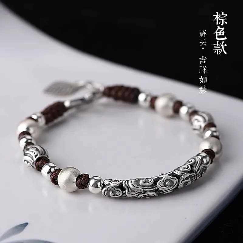 Ethnic Style Auspicious Clouds 925 Silver Bracelet Designer Original Couple Beaded Bangle Jewelry For Men Women