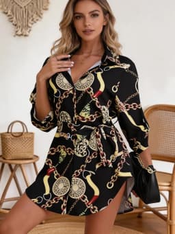 European Style Chain-Printed Shirt Dress with a Fitted Waist for Slimming Effect, Short Sleeve Dress with a Cross-Border Hot-Sel