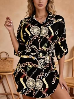 European Style Chain-Printed Shirt Dress with a Fitted Waist for Slimming Effect, Short Sleeve Dress with a Cross-Border Hot-Sel