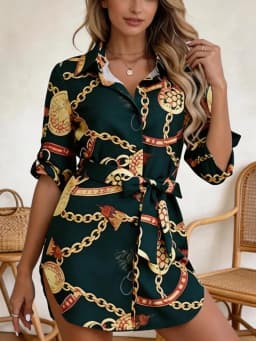 European Style Chain-Printed Shirt Dress with a Fitted Waist for Slimming Effect, Short Sleeve Dress with a Cross-Border Hot-Sel