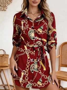 European Style Chain-Printed Shirt Dress with a Fitted Waist for Slimming Effect, Short Sleeve Dress with a Cross-Border Hot-Sel