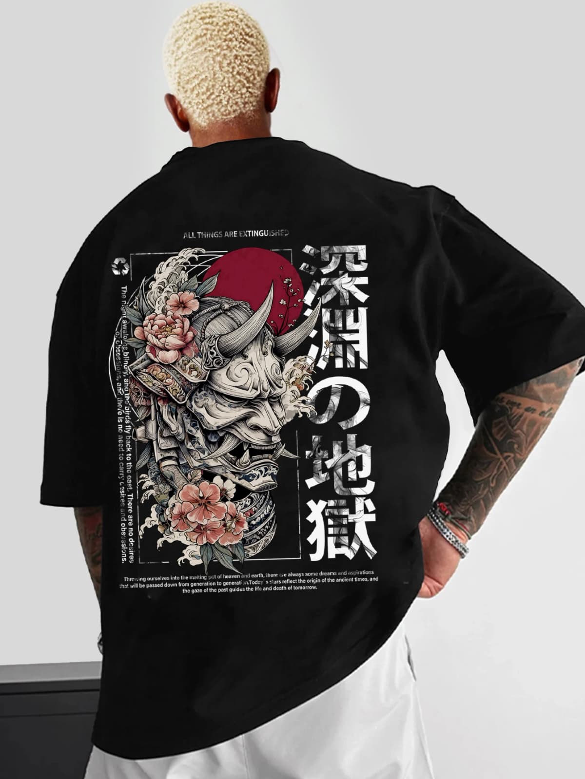 Deadly Wind Men's Casual Sportswear Streetwear Y2K Japanese Retro Trend Short-sleeved 100% Cotton Men's T-shirt Under Flowers