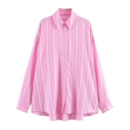 Women's Fashion Skirt Set 2 Piece Set Pink Oversize Long Sleeve Striped Shirt & Zipper Splicing Pleated Midi Skirt Female Outfit