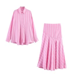 Women's Fashion Skirt Set 2 Piece Set Pink Oversize Long Sleeve Striped Shirt & Zipper Splicing Pleated Midi Skirt Female Outfit