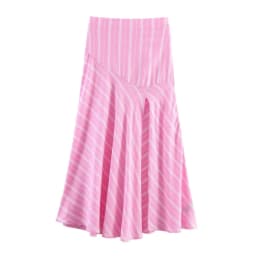 Women's Fashion Skirt Set 2 Piece Set Pink Oversize Long Sleeve Striped Shirt & Zipper Splicing Pleated Midi Skirt Female Outfit