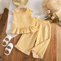 2pc/Set Girls' Outfit Set Summer Checkered Cotton Top And Shorts Baby Girl Clothing Cute Beach Baby Outfit Set