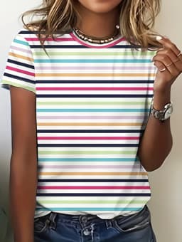 Women's Contrasting Striped Printed T-Shirt Round Neck Loose Short Sleeved Fashion Simple Commuting Top Y2k Tee Woman Clothing