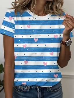 Women's Contrasting Striped Printed T-Shirt Round Neck Loose Short Sleeved Fashion Simple Commuting Top Y2k Tee Woman Clothing