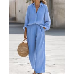 Women's Cotton 2-Piece Set Oversized Long-Sleeve Button-Down Shirt Wide-Leg Pants with Elastic Waist Loose-Fitting for Vacation