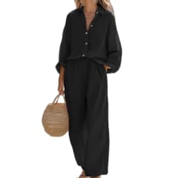 Women's Cotton 2-Piece Set Oversized Long-Sleeve Button-Down Shirt Wide-Leg Pants with Elastic Waist Loose-Fitting for Vacation