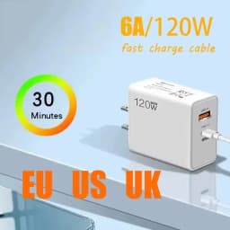 Lenovo 120W Type C USB Phone Charger Fast Charging Cable & Wall Adapter for Huawei Samsung Quick Charge Power Block
