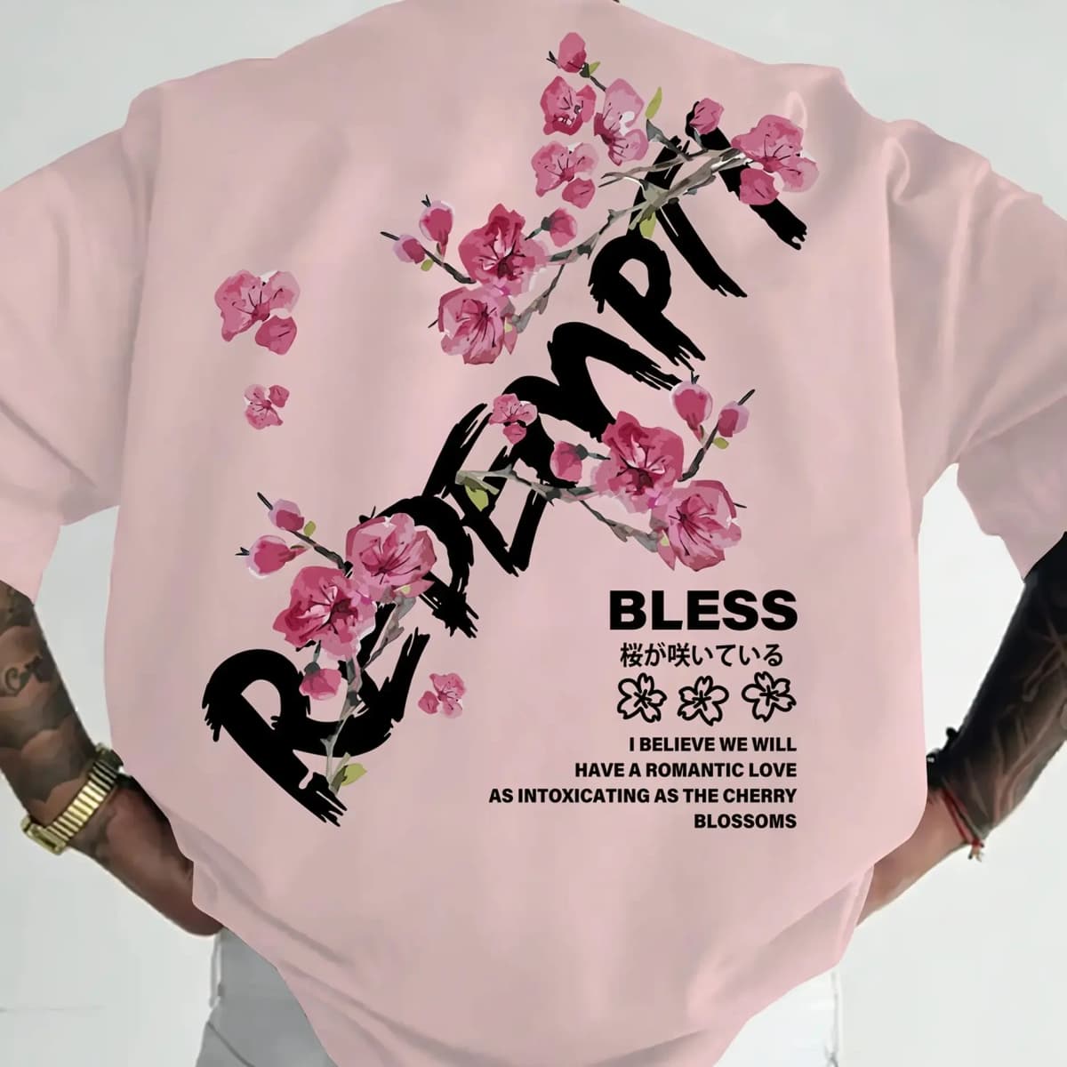 Cherry Blossom "Bless" Pattern Men's T-shirt Summer Street Casual Pure Cotton Short-sleeved Top