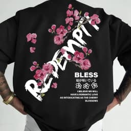 Cherry Blossom "Bless" Pattern Men's T-shirt Summer Street Casual Pure Cotton Short-sleeved Top