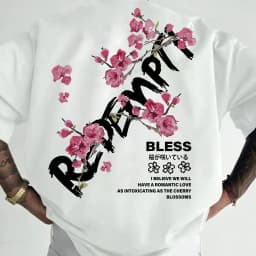 Cherry Blossom "Bless" Pattern Men's T-shirt Summer Street Casual Pure Cotton Short-sleeved Top