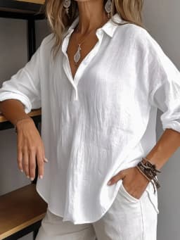 Ladies' elegant and classic cotton and linen pure-color button-down 3/4-sleeve shirt, fashionable and versatile for daily outing