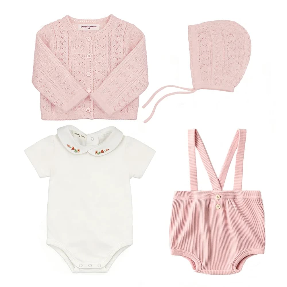 Cute Infant Clothing Set Cotton White Baby Bodysuit Suspender Shorts Spring Knitted Cardigan Toddler Clothing