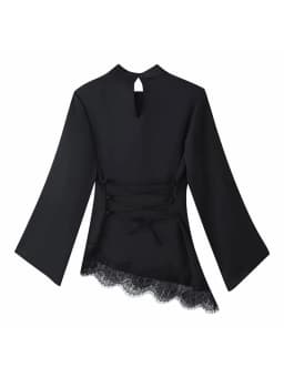 Women Casual Lace Patchwork Hem Lace-up Tops Women's Slim Waist-cinching Blouse New Ladies Spring Solid Elegant Blouses 