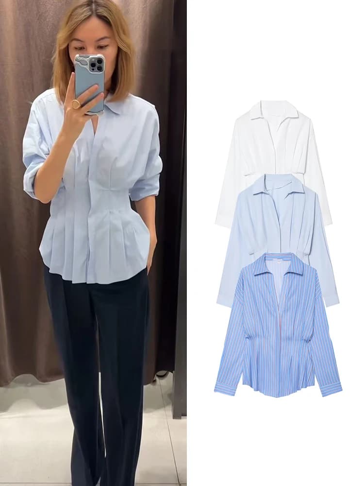 TFMLN Spring Women's Pleated Waist Cinching Shirts Chic Single Breasted Full Sleeve Commuting Blouses 2026 New Ladies Tops