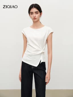 ZIQIAO 2026 New Summer Women Twist Front Slim Fit Crew Neck T-Shirt, White Knot Top for Coquette & Quiet Luxury Daily Style
