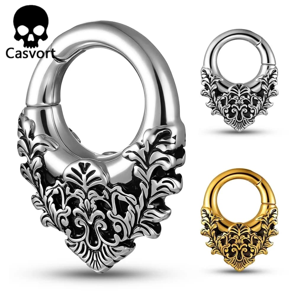 Casvort 2PCS Stainless Steel Ear Weights Hanger for Pierced Ears 4G 5mm Magnetic Clicker Ear Gauges Vintage Flower Vines Pattern