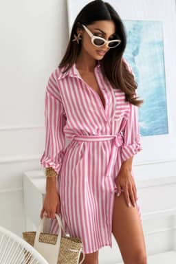 Striped Button Down Shirt Dress With Waist Belt Roll Up Sleeves For Women