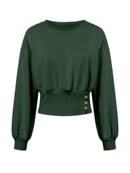 Women Casual Crew Neck Cropped Sweatshirt, Long Sleeve Ruched Waist Button Side Pullover Top, Solid Color Slim Fit Streetwear