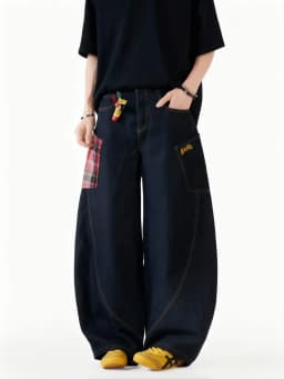 Vintage Y2k Plaid Wide Leg Baggy Pants Men Streetwear Black Straight Denim Long Trousers Loose Patchwork Fashion Curved Pants