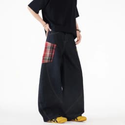 Vintage Y2k Plaid Wide Leg Baggy Pants Men Streetwear Black Straight Denim Long Trousers Loose Patchwork Fashion Curved Pants