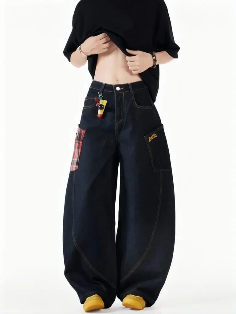 Vintage Y2k Plaid Wide Leg Baggy Pants Men Streetwear Black Straight Denim Long Trousers Loose Patchwork Fashion Curved Pants