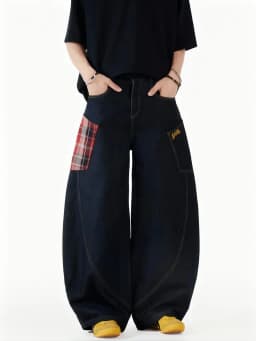 Vintage Y2k Plaid Wide Leg Baggy Pants Men Streetwear Black Straight Denim Long Trousers Loose Patchwork Fashion Curved Pants