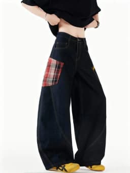 Vintage Y2k Plaid Wide Leg Baggy Pants Men Streetwear Black Straight Denim Long Trousers Loose Patchwork Fashion Curved Pants