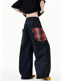 Vintage Y2k Plaid Wide Leg Baggy Pants Men Streetwear Black Straight Denim Long Trousers Loose Patchwork Fashion Curved Pants