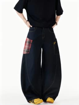 Vintage Y2k Plaid Wide Leg Baggy Pants Men Streetwear Black Straight Denim Long Trousers Loose Patchwork Fashion Curved Pants