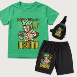 Dr Stone Senku Anime Print Kids Cotton T Shirt and Shorts Set with Mini Chest Bag 3 Piece Set for Boys Girls