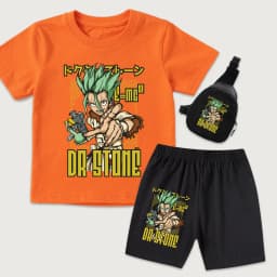 Dr Stone Senku Anime Print Kids Cotton T Shirt and Shorts Set with Mini Chest Bag 3 Piece Set for Boys Girls