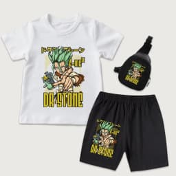 Dr Stone Senku Anime Print Kids Cotton T Shirt and Shorts Set with Mini Chest Bag 3 Piece Set for Boys Girls
