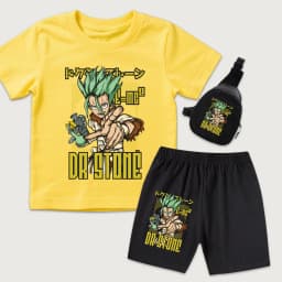 Dr Stone Senku Anime Print Kids Cotton T Shirt and Shorts Set with Mini Chest Bag 3 Piece Set for Boys Girls