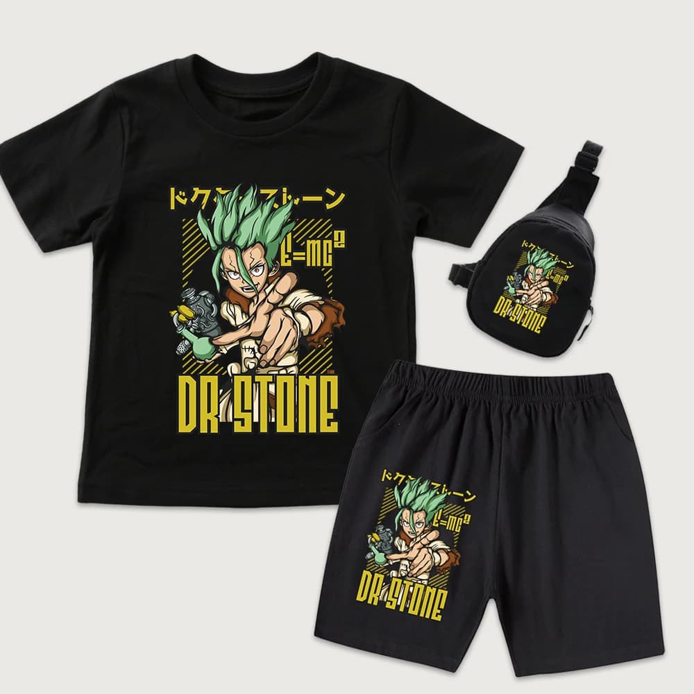 Dr Stone Senku Anime Print Kids Cotton T Shirt and Shorts Set with Mini Chest Bag 3 Piece Set for Boys Girls