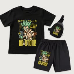Dr Stone Senku Anime Print Kids Cotton T Shirt and Shorts Set with Mini Chest Bag 3 Piece Set for Boys Girls