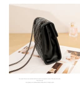 Black Vertical Leather Women's Crossbody Phone Bag with Metal Buckle and Long Chain Strap