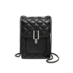Black Vertical Leather Women's Crossbody Phone Bag with Metal Buckle and Long Chain Strap