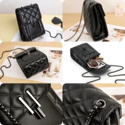 Black Vertical Leather Women's Crossbody Phone Bag with Metal Buckle and Long Chain Strap