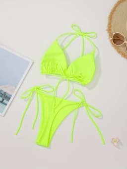 New European and American Style Solid Color Sexy Strappy Backless Halter Neck Women's Fashion Bikini Swimsuit