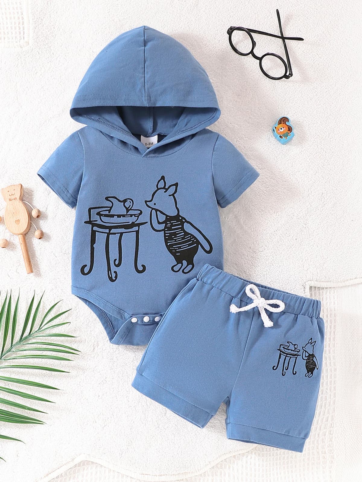 2pcs Summer Baby Boys Cartoon Pig Hooded Set, Cute Print Romper + Shorts, Cool Casual Style, Daily/Home/Photoshoot Wear, 0-12M